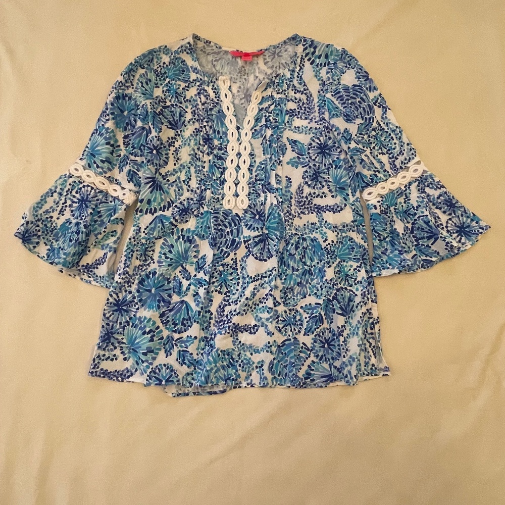 Lilly Pulitzer Women's XX Small Blue and White Hollie Tunic Top Blouse